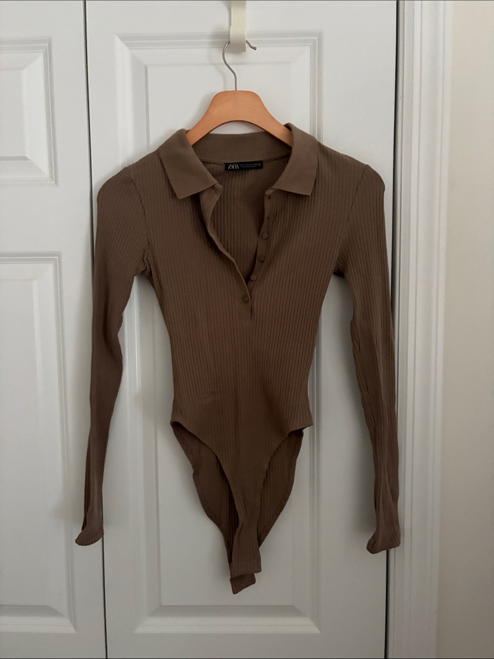 Zara Ribbed Polo Long-Sleeve Bodysuit - Brown